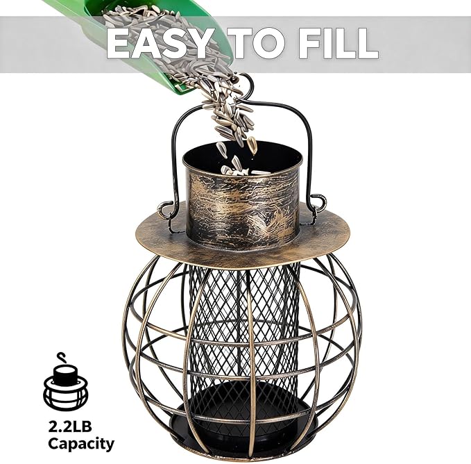 Metal Bird Feeder for Outdoors Hanging,Squirrel Proof Bird Feeder for Wild Birds,Solar Lantern Feeder for Small Birds, Garden Decor for Outside,Unique Gifts for Mom, Grandma (Bronze)