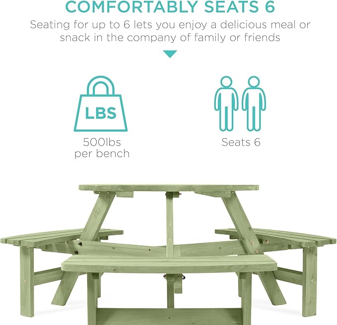 Best Choice Products 6-Person Circular Outdoor Wooden Picnic Table for Patio, Backyard, Garden, DIY w/ 3 Built-in Benches, 500lb Capacity - Sage Green