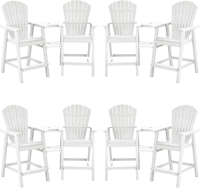 Tall Adirondack Chairs Set of 8, HDPE Balcony Chair with Double Connecting Tray, Weather Resistant Outdoor Adirondack Bar Stools for Patio, Deck, Patio, Backyard, Balcony. (White)