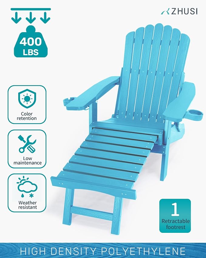 ZHUSI Folding Adjustable Adirondack Chair with Retractable Ottoman, Adirondack Chair with 2 Cup Holders, Outdoor Chairs for Porch Patio Lawn Balcony Weather Resistant (Lake Blue, 1 pcs)