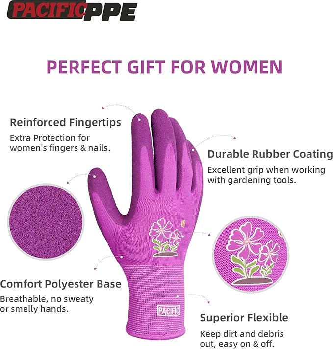 PACIFIC 6 Pairs Gardening Gloves for women, Rubber Coated Garden Gloves, Ladies Yard Work Gloves, Breathable, Purple, Medium