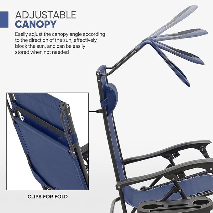 Magshion Zero Gravity Lounge Chairs with Canopy Set of 2, Outdoor Foldable Patio Reclining Chair, Adjustable Anti-Gravity Recliners with Headrest, Folding Lounger for Lawn Camping Beach, Navy Blue