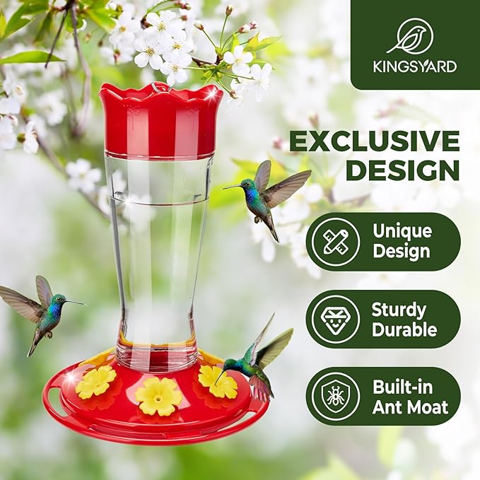 Kingsyard Glass Hummingbird Feeder for Outdoors Hanging - 6 Bee Guard Feeding Ports & Built-in Ant Moat, Wild Bird Feeder for Outside Garden Yard Patio 14 Oz, Updated Red