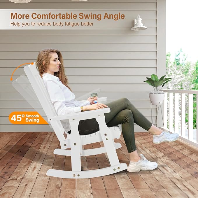 VINGLI Outdoor Rocking Chair, Heavy Duty 600 LBS Wooden Rocking Bench with Comfortable Backrest, Weatherproof Patio Rocker with Ergonomic Design, Wood Rocking Chair for Patio, Garden (White, 2 PCS)