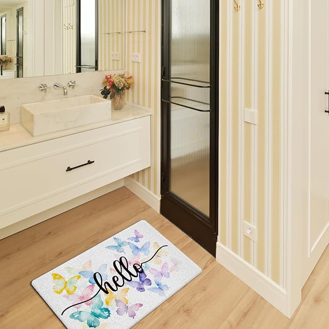 JINYO Butterfly Door Mat, Hello Door Mat Indoor Outdoor Entrance Entryway Porch, Butterfly Room Decor for Girls, Bath Mats for Bathroom, Beachy Welcome Mats, 17x30 Inch