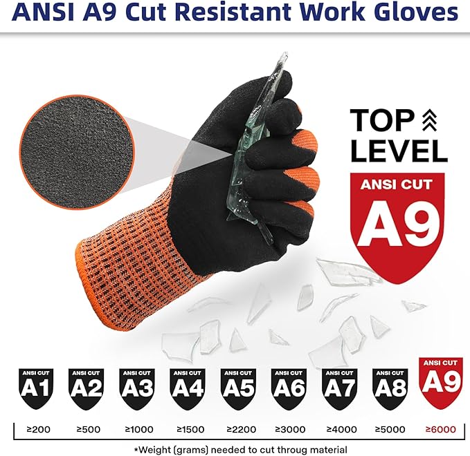 Schwer 12 Pairs ProGuard Highest Level Cut Resistant Work Gloves PR3326 for Extreme Protection，ANSI A9 Cut Gloves with Reinforced Thumb, Non Slip, Breathable, Durable, Touch-screen, Orange XL