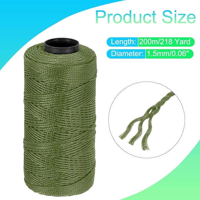 MECCANIXITY Nylon String 3 Strands Twisted Mason Line 1.5mm x 218 Yards Nylon Twine String for DIY Projects, Home Improvement, Gardening, Gift Wrapping, Christmas Party Supplies, Deep Green