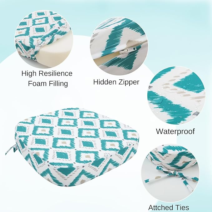 idee-home Outdoor Chair Cushions Set of 2, 17" x 17" x 3" Thick D-Shaped Patio Furniture Outdoor Seat Cushions Waterproof with Ties, Dining Pads