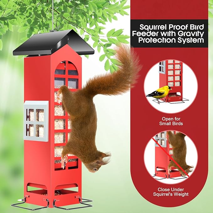Bird Feeders Squirrel Proof for Outdoor Hanging, Weight Activated Metal Wild Bird Feeders, Spring Cardinal Tube Birdhouse Finch Seed Feeder with 4 Feeding Ports, 2.5LB Capacity