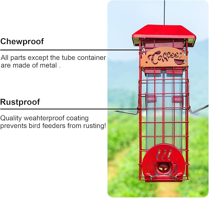 Squirrel Proof Bird Feeders for Outdoors Tube Metal Mesh Hanging Bird Seed Feeder for Outside Pole Weight -Activated & 4 Adajustable Perschs 2.2 lbs Capacity (Red)