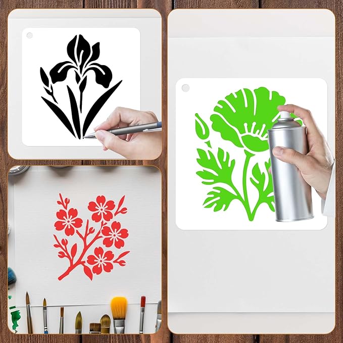 20pcs Flower Stencils for Painting, 3 Inch Reusable Sunflower Plant Botanical Floral Wildflower Templates for Wood Nature Fence Walls DIY Crafts T-Shirts Canvas & Floor Decor