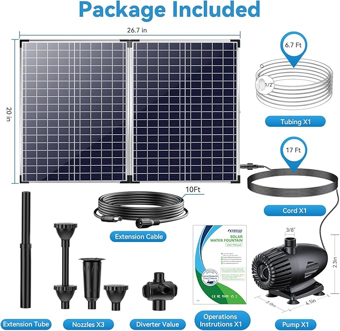 POPOSOAP 70W Solar Pond Pump,Solar Fountain Pump 580GPH Adjustable Flow, Outdoor Solar Water Pump with 17Ft+10Ft Cord & 6.6Ft PVC Tubing for Ponds, Fountain Waterfall-P170H