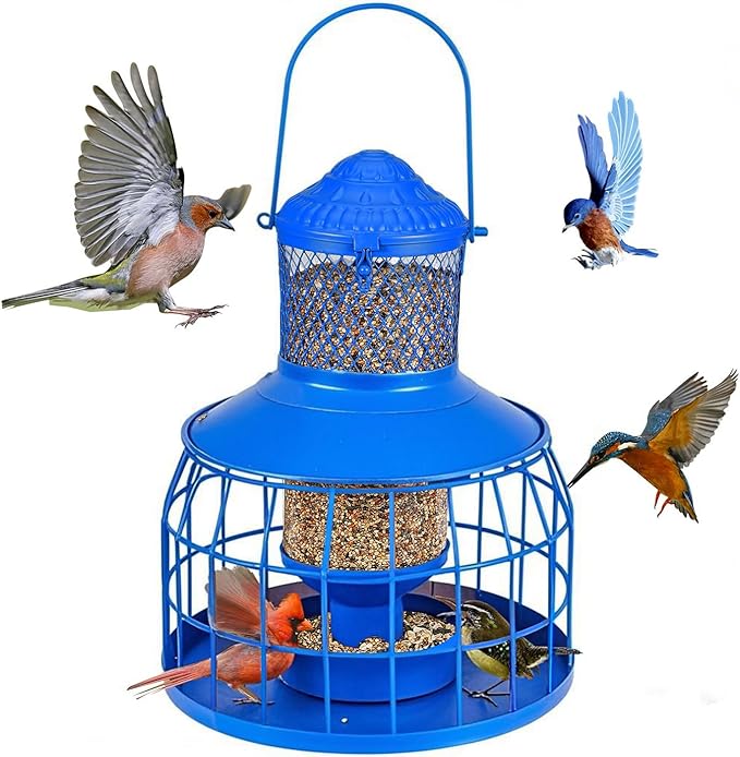 Squirrel Proof Bird Feeders, Metal Wild Bird Feeders for Outdoors Hanging, 3.5LB Heavy Duty Caged Squirrel Proof Bird Feeders, Chew-Proof, Weather Resistant, Patio Backyard Garden Decor (Blue)
