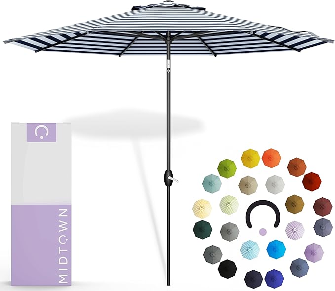 Midtown Umbrellas - 10-Year-No-Fade 8 Ft Patio Umbrella with Terylast Fabric, Auto-Tilt Aluminum Frame and 8 Reinforced Ribs for Deck, Pool, Garden & Beach - Navy/White Stripes Canopy, Black Pole