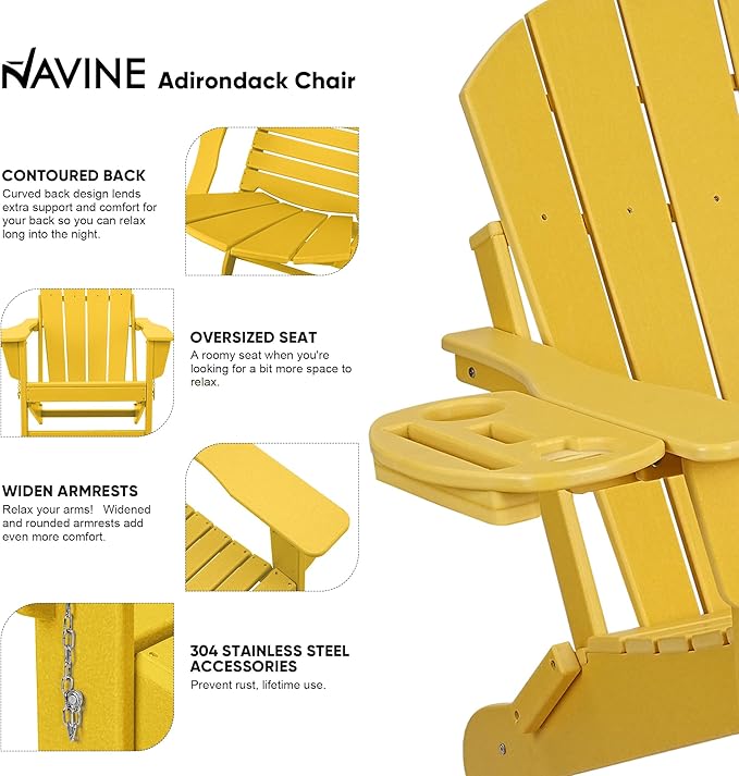 Adirondack Chair, HDPE Folding Adirondack Chair with Multifunctional Cup Holder, Weather Resistant Fire Pit Chair for porches, patios, patios, poolsides, Decks.