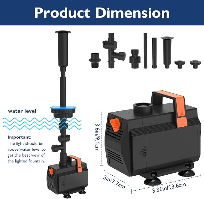 AquaMiracle Pond Fountain Pump with Automatic Colorful LED for Outdoor Ponds 400-900 Gal, 880GPH Submersible Water Pump for Fountain, Pond, Garden, Water Feature, Bird Baths