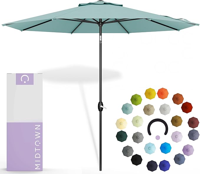 Midtown Umbrellas - 10-Year-No-Fade 9 Ft Patio Umbrella with Terylast Fabric, Auto-Tilt Aluminum Frame and 8 Reinforced Ribs for Deck, Pool, Garden & Beach - Aqua Canopy, Black Pole