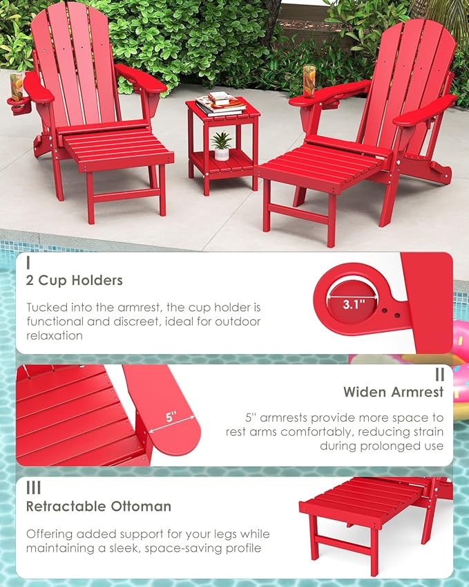 GREENVINES Adjustable Adirondack Chair with Retractable Ottoman Set of 4 | Folding | HDPE Plastic | Fire Pit Chairs w/Foot Rest | 2 Cup Holders | Red | for Outdoor Patio Poolside Deck