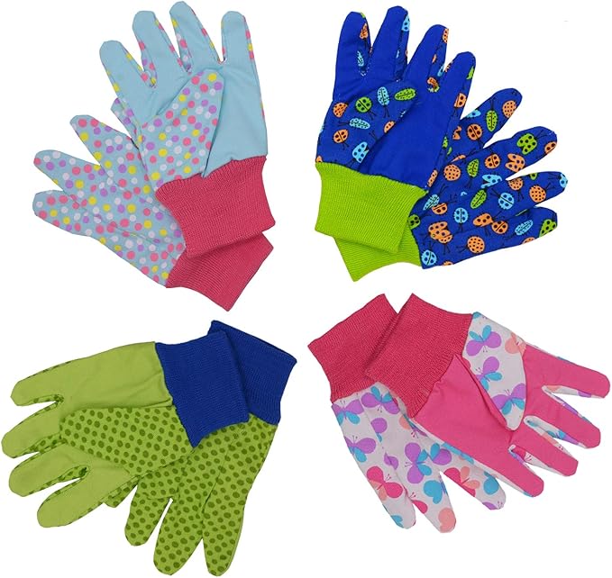 HANDLANDY 2 Pairs Kids Gardening Gloves, Girls Boys Children Garden Work Play Gloves (Green Ladybug & Dot, Medium)