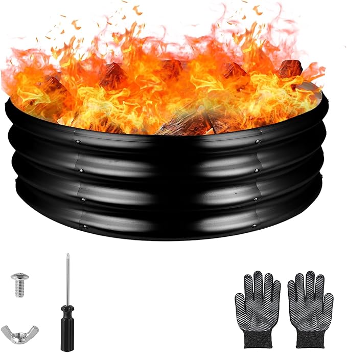 36 Inch Round Galvanized Fire Pit Ring, Round Galvanized Fire Ring, 3 Feet Diameter Round fire Pit, Outdoor fire Pit for Backyard, Camping, Bonfire, Black