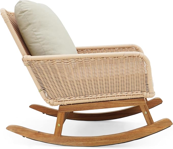 Christopher Knight Home Nadine Patio Rocking Chair, Wicker Rocker, Wood Leg Rocking Chair, PE Rattan Wicker Chair, Rocking Chair with Cushions, Comfort Wicker Rocker for Backyard Balcony Porch, Beige