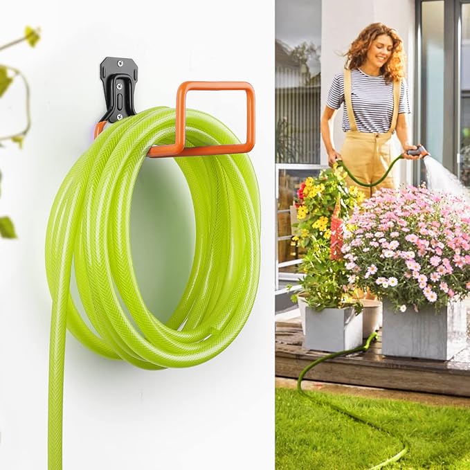 Hose Holder Stand Wall Mount, 2Pcs Heavy Duty Garden Hose Hanger Reel, Metal Water Pipe Tube Hooks Rack for Outside Yard, Garage, Storage Organizer - Orange