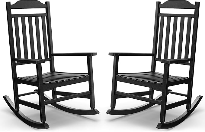 Outdoor Rocking Chair Porch Rocker All Weather Resistant Porch Rocker for Lawn Garden High Back Armrest (2,Black)
