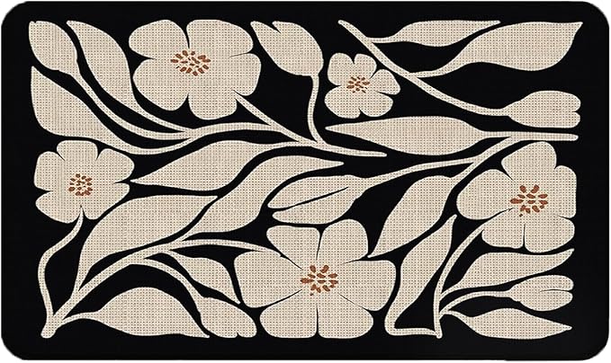Boho Beige and Black Floral Door Mat - Bohemian Neutral Floral Front Door Welcome Mats Outdoor Entrance, 17x30 Rug