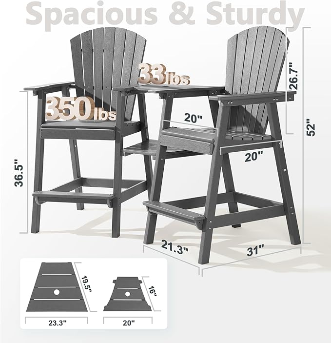 PASAMIC Tall Adirondack Chairs Set of 2, All-Weather HDPE Patio Chairs with Double Connecting Trays, Bar Height Heavy-Duty Outdoor Chairs for Garden, Backyard, Balcony, Light Gray