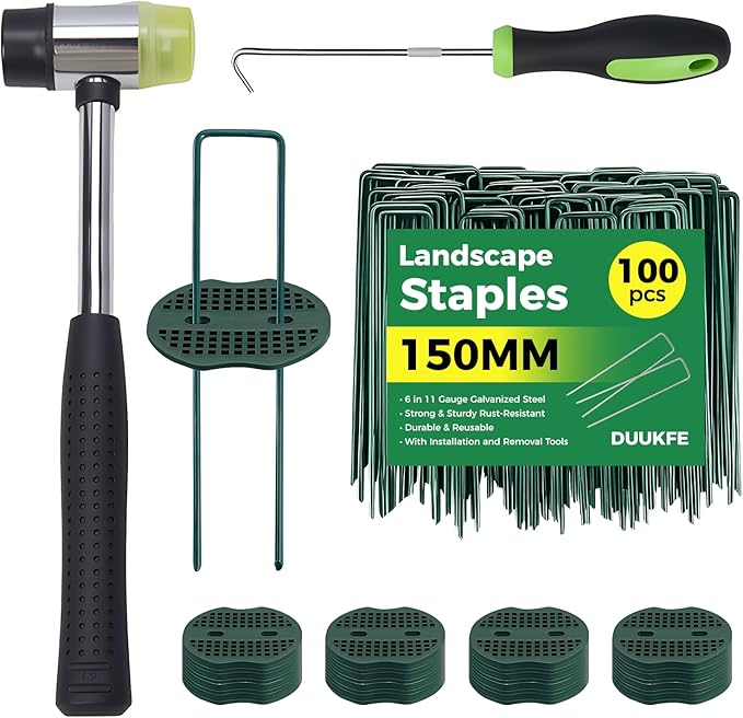 6 Inch Landscape Fabric Staples, 100Pcs Garden Stakes Galvanized +100Pcs Gasket +Pick Hook +Rubber Mallet, U Shaped Weed Barrier Stakes 11 Gauge Lawn Staples Landscape Pins for Yard, Sod, Weed Mat
