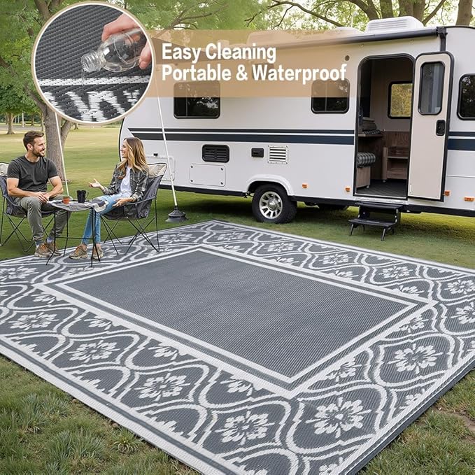 HUGEAR Outdoor Rug 9'x12' Patio Waterproof Mat Camping Carpet Outside Area Rug Reversible Grey Rugs for RV Deck Entryance Porch Picnic Balcony Beach