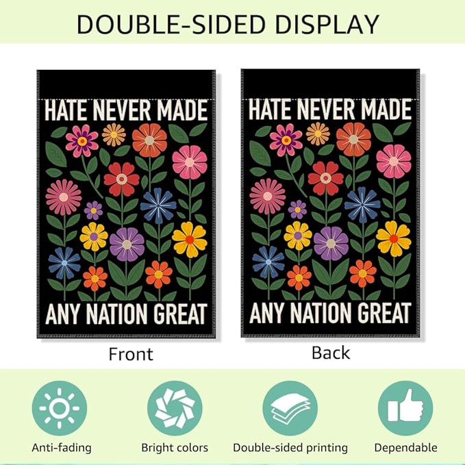 RZHV Hate Never Made Any Nation Great Double-Sided Garden Flag for Outdoor House Yard Sign Garden Decor Parade, Political Outdoor Banner, Kindness Social Justice Yard Sign, Feminist Gifts