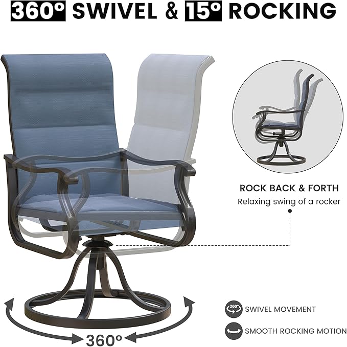 Patio Swivel Chairs Set of 2, Outdoor Dining Chairs with High Back, All-Weather Swivel Rocker Chair for Lawn, Porch or Garden (Padded Navy)
