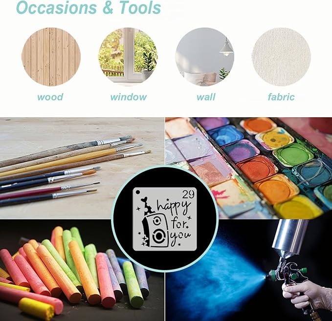 Birthday Stencils for Painting, 64PCS 3x3 Plastic Stencils for Crafts Reusable with Cake & Bear Patterns, Perfect for DIY Cards, Gifts & Party Decorations