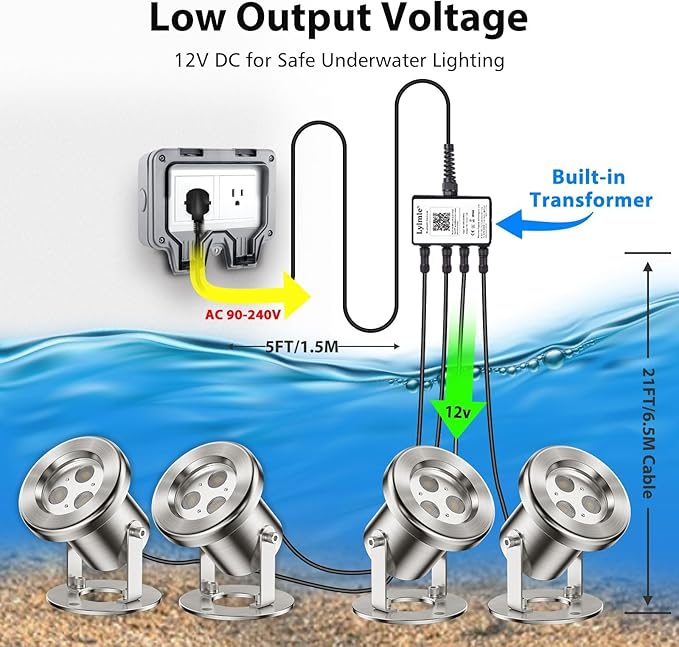 LyLmLe LED Pond Lights with APP Control, 6W SS316 Stainless Steel RGB Underwater Fountain Light with 12V Transformer, IP68 Waterproof Outdoor Underwater Lights for Pond Waterfall, Black Wire(4-Spots)