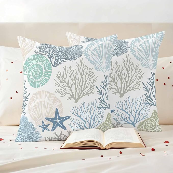 Blue Ocean Shells Coral Waterproof Pillow Covers Set of 2,Conch Starfish Marine Life Outdoor Pillow Protectors with Zipper Pillowcases for Patio Tent Garden Beach 26x26 Inches