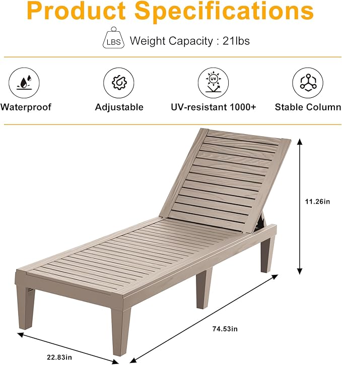 EasyUp Resin Chaise Lounge Chairs with 5-Position Backrest, UV & Fade-Resistant, Waterproof for Garden, Pool, Beach & Patio (Set of 2-Grey)