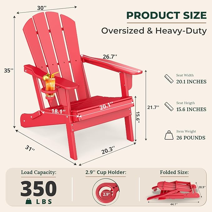BRIOPAWS Folding-Adirondack-Chairs Set of 6 | HDPE Plastic | Fire Pit Chair | Cup Holder | Curved Back | All Weather| for Outdoor Backyard Deck Patio | Red