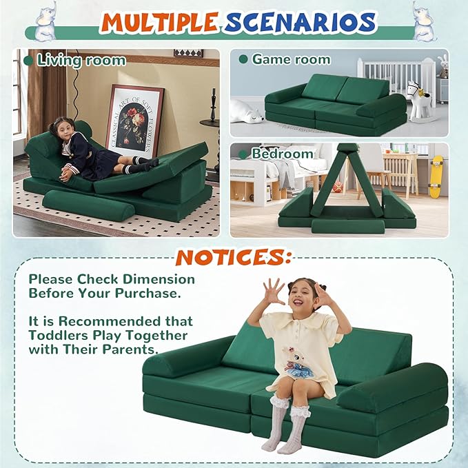 jela Kids Couch Safety Certified Play Couch Soft Kids Sofa with Machine Washable Cover Thick Foam Fort Building Set for Playroom Indoor (57"x28"x18", Pine Green)
