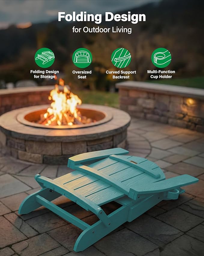 YEFU Adirondack Chair, Oversized Plastic Adirondack Chair Folding Outdoor Chairs with Cup Holder, Lawn Chair with Weather Resistant for Outside Deck Lawn Garden, Weight Capacity Up to 400 Lbs –Aruba