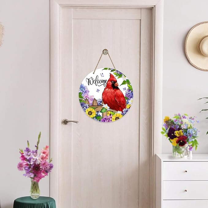 Welcome Spring Summer Cardinal Front Door Sign, Red Bird Hydrangea Sunflower Wood Door Hanger Outdoor Outside Porch Decor, Daisy Flower Seasonal Wooden Wreath Indoor Wall Hanging Decoration