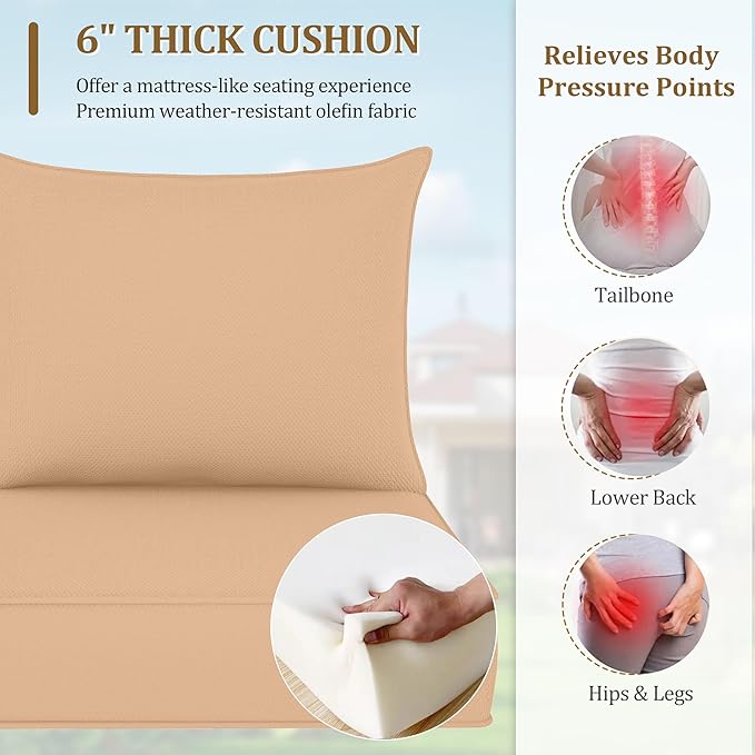 Outdoor Deep Seat Cushion Set, Fade Resistant Patio Chair Cushions, 24x24x6 Inch Patio Sofa Furniture Pad with Removable Cushion Covers (Khaki, 24''Lx24''Wx6''H-2pcs Set)