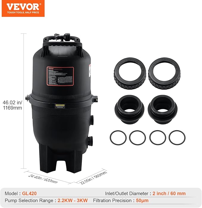 VEVOR 2025 Pro Cartridge Pool Filter Tank & Element for Above Ground & Inground Pools, Large 420-425Sq. Ft Cleaner System Compatible W/Pumps 1 to 3 HP| Up to 13393 GPH |for Pools Up to 107147 Gallons