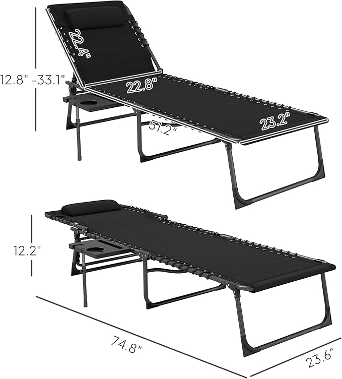 Outsunny Folding Chaise Lounge Chair Outdoor Tanning Chair with Side Table, 5-Level Adjustable Beach Lounge Chair with Headrest, Side Pocket for Patio, Backyard, Beach, Poolside, Black