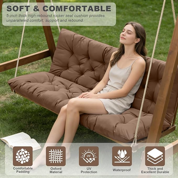 Porch Swing Cushions,Outdoor Cushions 3 Seater Replacement with Backrest, Waterproof Thickened Bench Cushion with Ties for Porch, Patio,Outdoor, Backyard and Garden (Coffee 40 * 40 in)