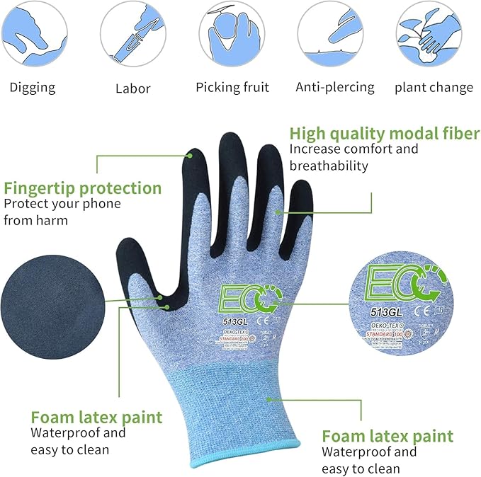 7 Pairs Women Gardening Gloves, EN388 2131X Outdoor Protective Work Gloves with Breathable Micro-Foam Coating for Gardening, General Purpose, Courtyard, 3 Purple + 3Blue +1 Grey, X-Small