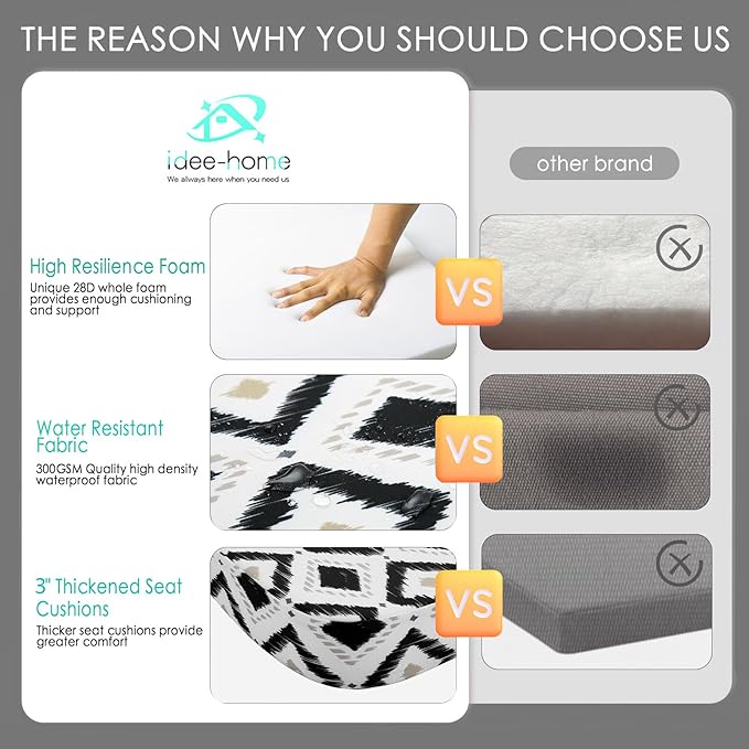 idee-home Outdoor Chair Cushions Set of 4, 19" x 19" x 3" Thick D-Shaped Patio Furniture Outdoor Seat Cushions Waterproof with Ties, Dining Pads