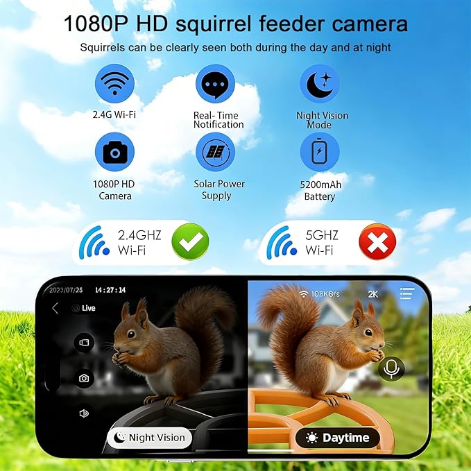 Squirrel Feeder with Camera Solar Powered, Smart Squirrel Bird House Camera Wireless Outdoor, AI Identify. Auto Capture and Video Motion Detection & 2K Live View, Ideal Gifts for Lover