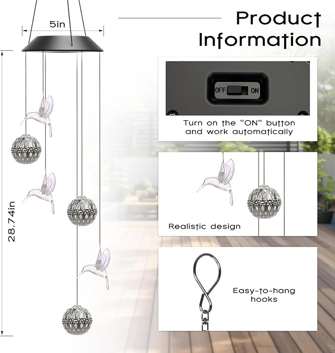 VIHOSE Solar Wind Chimes Lights Outdoor, Color Changing Hanging Solar Wind Chime, Hummingbird Moroccan Ball Mobile LED Lights for Outside Garden Yard Patio Decor, Waterproof