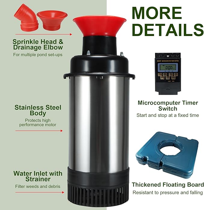 Pond Fountain Aerator, AS2 1HP 750W 15000GPH 110V High Flow Floating Water Fountain Pump With 100ft Power Cord, Stainless Steel Body Aerating Fountains Cascade for Large Small Pond Lake
